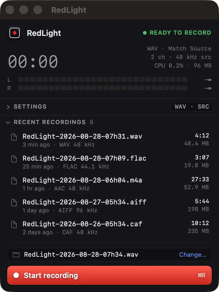 RedLight recent recordings list showing files in WAV, FLAC, AAC, AIFF and CAF with durations and sizes