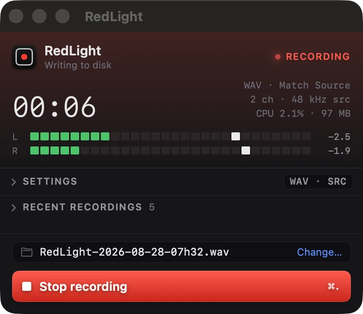 RedLight recording system audio on a Mac, with a running timer and stereo level meters