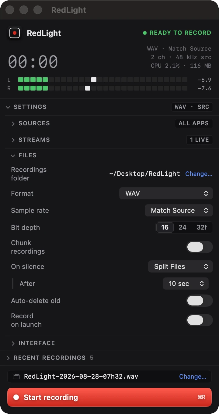 RedLight settings showing format, sample rate, bit depth, chunking and automatic clean-up