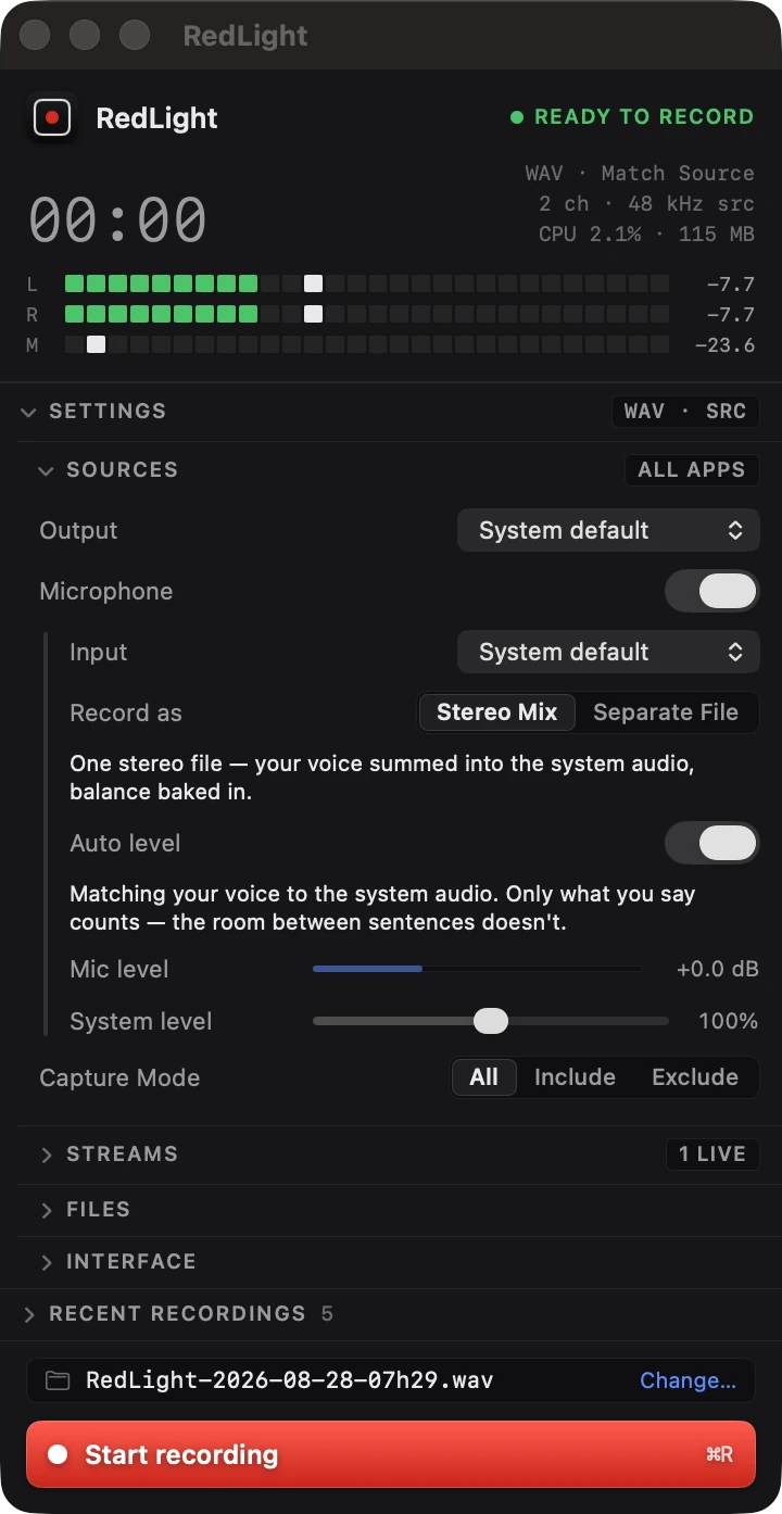 RedLight Sources panel showing the microphone switch, input device, Record as and Auto level